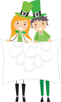Royalty Free Clipart Image of an Irish Boy and Girl Holding a Banner
