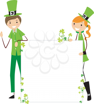 Royalty Free Clipart Image of an Irish Boy and Girl Holding a Blank Sign