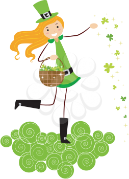 Royalty Free Clipart Image of a Girl Scattering Shamrocks
