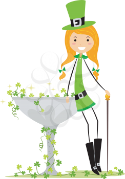 Royalty Free Clipart Image of an Irish Girl Leaning on a Fountain of Shamrocks
