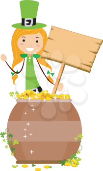 Royalty Free Clipart Image of a Girl on a Pot of Gold Holding a Sign