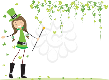 Royalty Free Clipart Image of a Girl Playing With Shamrocks