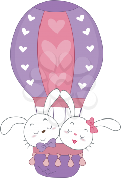 Royalty Free Clipart Image of Bunnies in a Hot Air Balloon