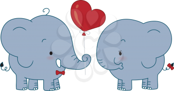 Royalty Free Clipart Image of a Male Elephant Giving a Balloon To a Female