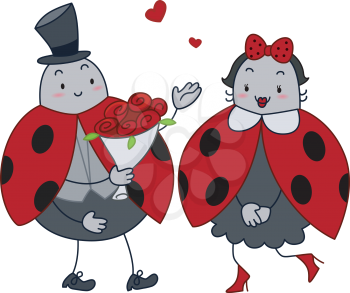 Royalty Free Clipart Image of a Male Ladybug Giving Flowers to a Female Ladybug