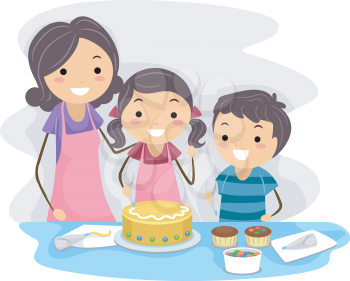Royalty Free Clipart Image of a Family Decorating Cakes