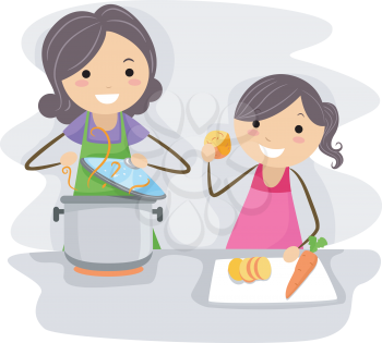 Royalty Free Clipart Image of a Mother and Daughter Cooking