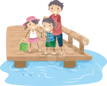 Royalty Free Clipart Image of a Father and His Children Fishing