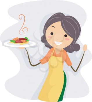 Royalty Free Clipart Image of a Woman Holding a Plate of Food
