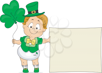 Royalty Free Clipart Image of a Baby Holding a Shamrock Balloon and a Sign