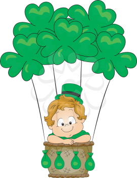 Royalty Free Clipart Image of a Child in a Shamrock Hot Air Balloon