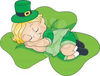 Royalty Free Clipart Image of a Child Sleeping on a Shamrock