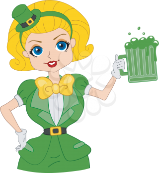 Royalty Free Clipart Image of a Girl Dressed in Green Holding Green Beer