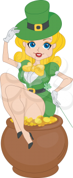 Royalty Free Clipart Image of a Pin-Up Irish Girl on a Pot of Gold