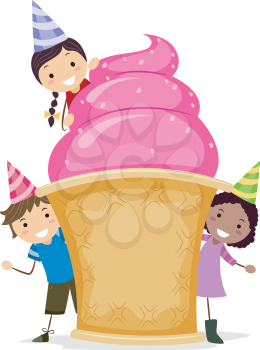 Royalty Free Clipart Image of Children With a Giant Ice-Cream Cone