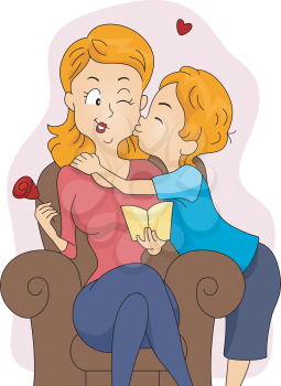 Royalty Free Clipart Image of a Boy Giving His Mom a Kiss