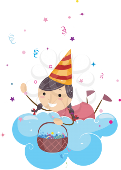 Royalty Free Clipart Image of a Girl Scattering Confetti From a Cloud