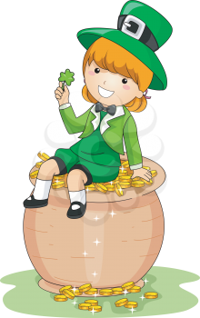 Royalty Free Clipart Image of a Little Female Girl in Irish Clothes Sitting on a Pot of Gold