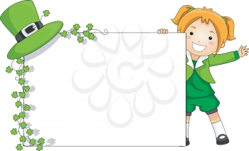 Royalty Free Clipart Image of a Girl Holding a St. Patrick's Day Banner