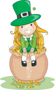 Royalty Free Clipart Image of a Girl Sitting on a Pot of Gold