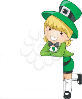 Royalty Free Clipart Image of an Irish Girl Leaning on a Banner