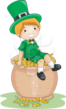 Royalty Free Clipart Image of a Boy Sitting on a Pot of Gold