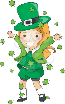 Royalty Free Clipart Image of a Girl Scattering Shamrocks