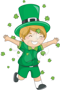 Royalty Free Clipart Image of a Boy Dressed in Green Running Through Falling Shamrocks