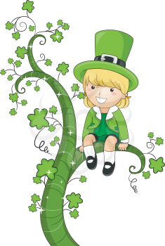 Royalty Free Clipart Image of an Irish Child on a Shamrock Tree