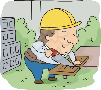 Royalty Free Clipart Image of a Man Sawing a Board
