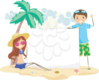 Royalty Free Clipart Image of a Couple on the Beach Holding a Banner