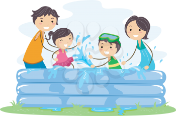 Royalty Free Clipart Image of a Family in an Inflatable Pool