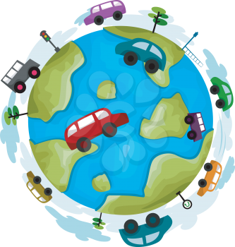 Royalty Free Clipart Image of Cars Around a Globe