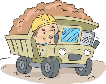 Royalty Free Clipart Image of a Man Driving a Dump Truck