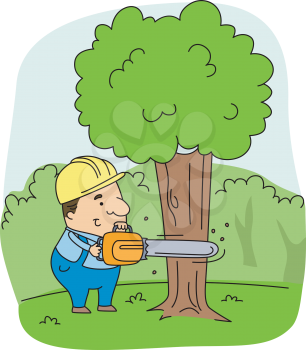 Royalty Free Clipart Image of a Man Cutting Down a Tree