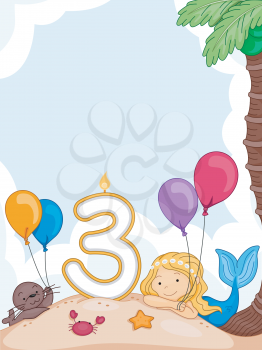 Royalty Free Clipart Image of a Mermaid Looking at the Number 3