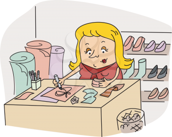 Royalty Free Clipart Image of a Woman Working in a Textile Store