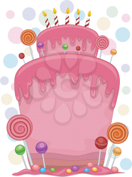 Royalty Free Clipart Image of a Birthday Cake Decorated With Lollipops