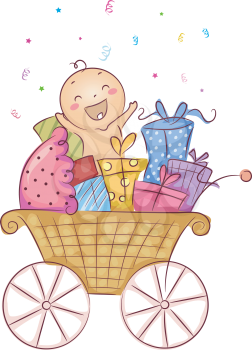 Royalty Free Clipart Image of a Baby and Gifts in a Buggy