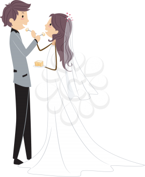 Royalty Free Clipart Image of a Newlywed Couple Sharing a Slice of Cake