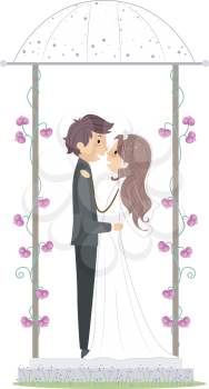 Royalty Free Clipart Image of a Bridal Couple in a Gazebo