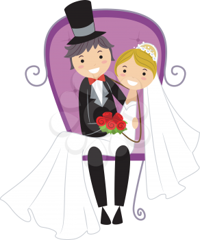 Royalty Free Clipart Image of a Bride Sitting on a Groom's Lap