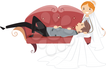 Royalty Free Clipart Image of a Bridal Couple Resting on a Couch