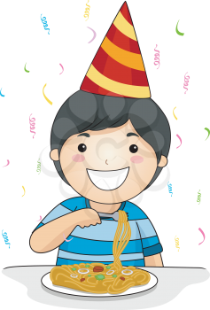 Royalty Free Clipart Image of a Birthday Boy Eating Spaghetti