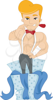 Royalty Free Clipart Image of a Man Coming Out of a Gift Box