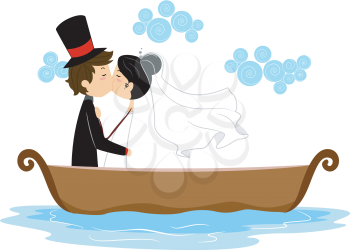 Royalty Free Clipart Image of Newlyweds in a Boat