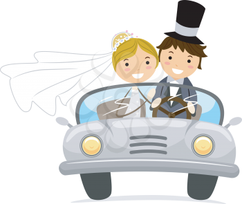 Royalty Free Clipart Image of a Newlywed Couple in a Car