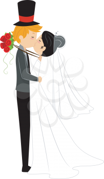 Royalty Free Clipart Image of an Inter-Racial Couple at Their Wedding