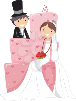 Royalty Free Clipart Image of a Bridal Couple Sitting on a Cake