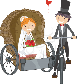 Royalty Free Clipart Image of a Bride Driving His Bride in a Rickshaw
